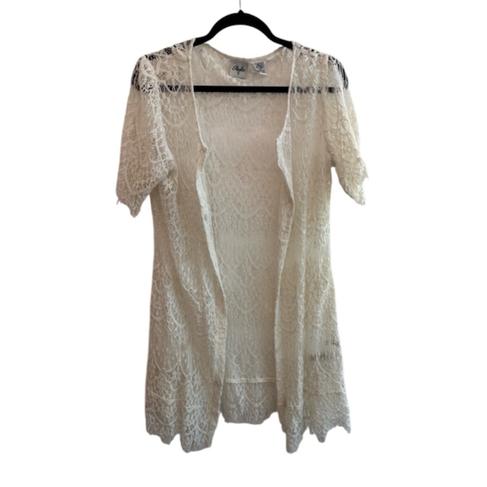 Vintage Sheer Lace Short Sleeve Long Cardigan Size Large